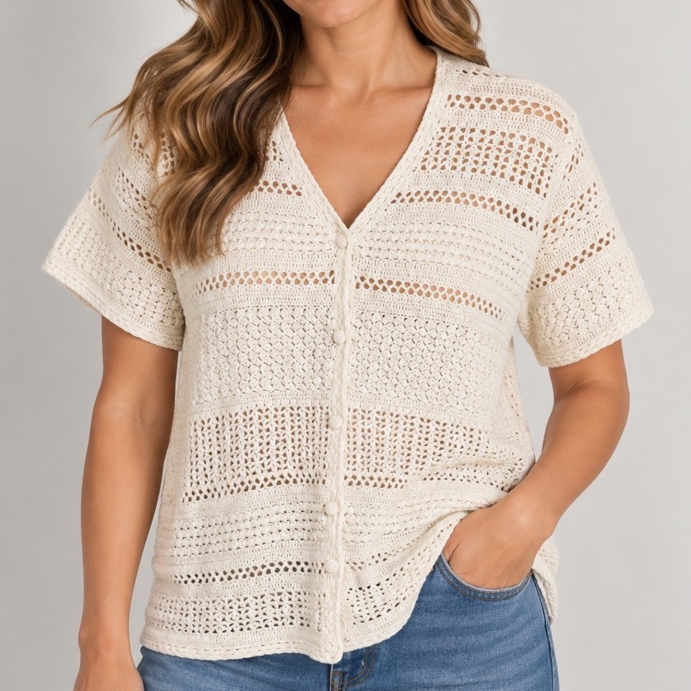 Vintage White Stag Women's Large Ramie Cotton Crochet Cardigan Ivory Boho